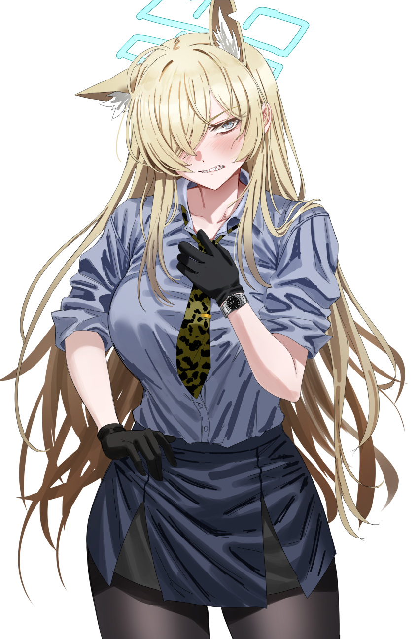 1girl absurdres animal_ears black_gloves black_pantyhose blonde_hair blue_archive blue_eyes blue_halo blue_shirt blue_skirt blush breasts clenched_teeth collarbone collared_shirt cowboy_shot gloves green_necktie hair_over_one_eye halo highres kanna_(blue_archive) large_breasts long_hair necktie nompang pantyhose shirt short_sleeves simple_background skirt solo teeth watch white_background wristwatch
