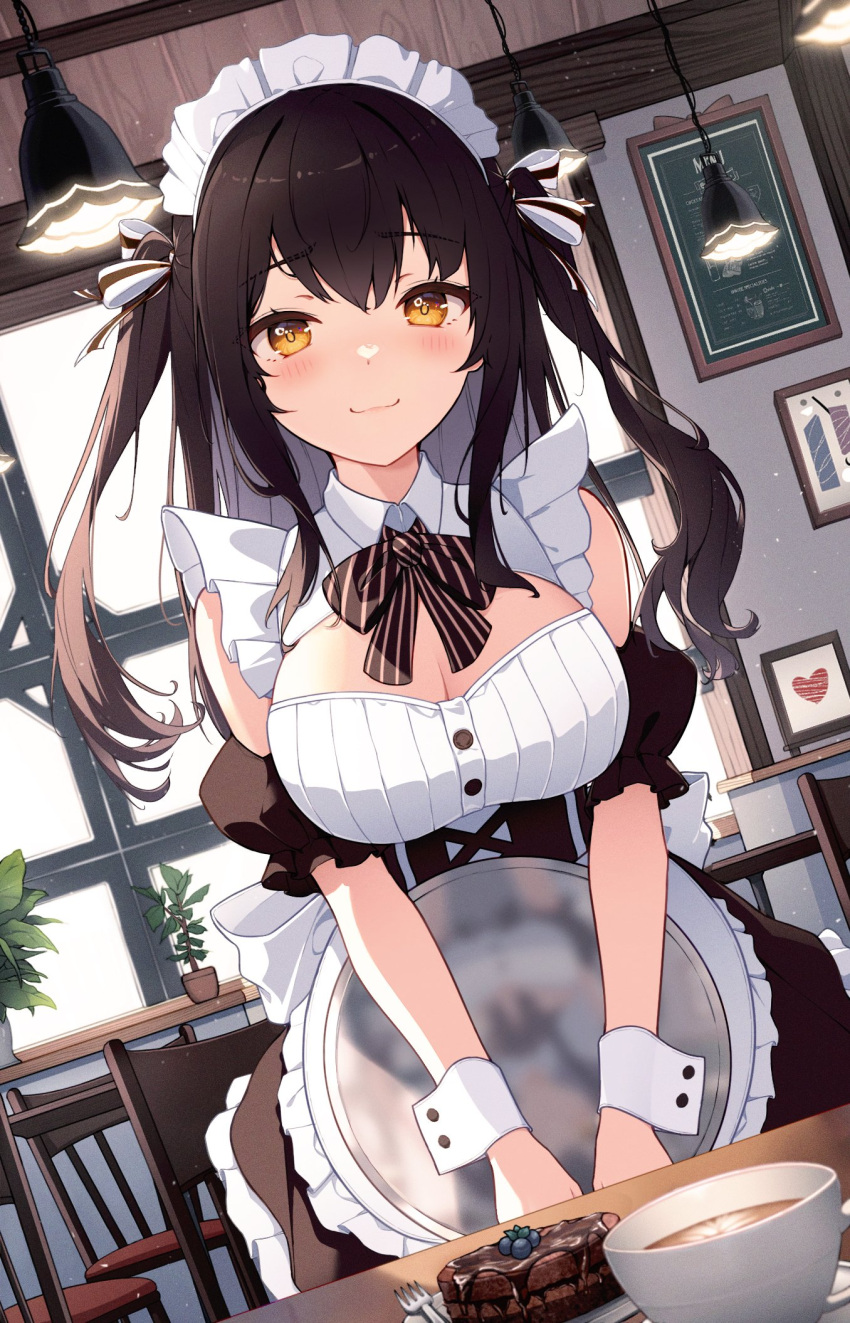 1girl :3 apron bare_shoulders black_dress black_hair bow bowtie breasts cafe cake cleavage cleavage_cutout closed_mouth clothing_cutout coffee collared_dress colored_inner_hair detached_sleeves dress dutch_angle food frilled_dress frills hair_ribbon highres holding holding_tray indoors keis_(locrian1357) large_breasts long_hair looking_at_viewer maid maid_apron maid_headdress multicolored_hair original puffy_short_sleeves puffy_sleeves reflection ribbed_dress ribbon short_sleeves smile solo standing tray two_side_up v_arms wrist_cuffs yellow_eyes