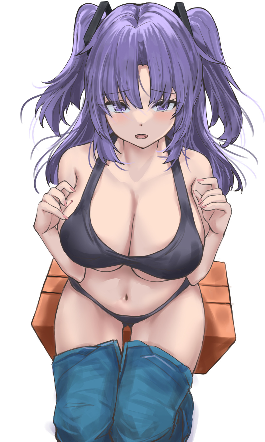 1girl absurdres bikini black_bikini blue_archive breasts cleavage commentary_request hands_up highres large_breasts long_hair looking_at_viewer navel nuo_(fttv3255) open_mouth purple_eyes purple_hair simple_background sitting solo swimsuit twintails white_background yuuka_(blue_archive)