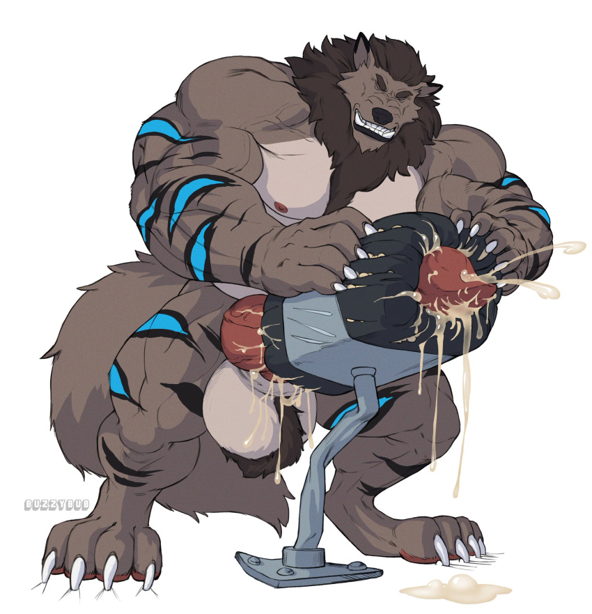 anthro ball_tuft balls biceps big_balls big_penis breaking_restraints buzzybub canid canine canis clawing_floor claws_out clenched_teeth digitigrade ejaculation erection fluffy fluffy_tail genitals hair hi_res holding_object knot male mammal mane mane_hair muscular pawpads penetrable_sex_toy penis scratch_mark sex_toy solo straining tail teeth thick_thighs tuft vein veiny_penis wolf