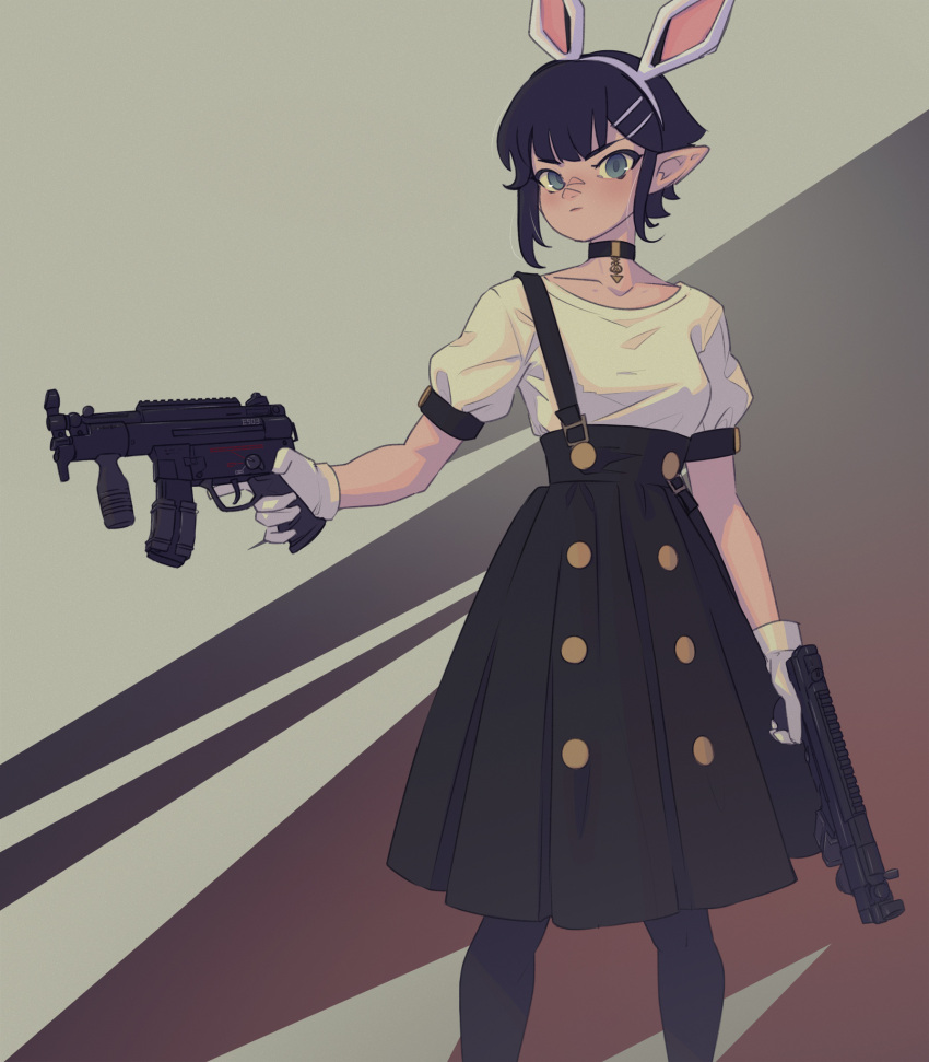 1girl animal_ears black_choker black_hair black_pantyhose black_skirt blue_eyes brown_background choker closed_mouth collarbone commentary dual_wielding e503com fake_animal_ears feet_out_of_frame gloves grey_background gun hair_ornament hairband hairclip high-waist_skirt highres holding holding_gun holding_weapon looking_at_viewer original pantyhose pleated_skirt pointy_ears puffy_short_sleeves puffy_sleeves shirt short_hair short_sleeves skirt solo standing suspender_skirt suspenders weapon weapon_request white_gloves white_hairband white_shirt
