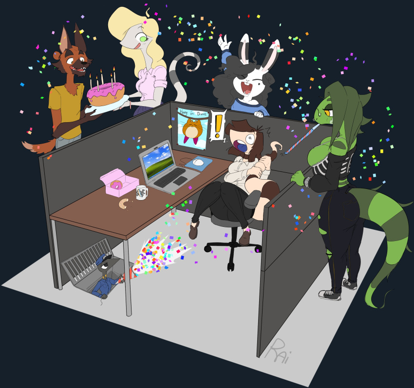 absurd_res anthro big_breasts breasts canid canine cleavage clothed clothing computer dessert doughnut female food fox group hi_res iguanid joyce_(raidak5) lagomorph laptop leporid lizard male mammal rabbit raidak5 reptile scalie