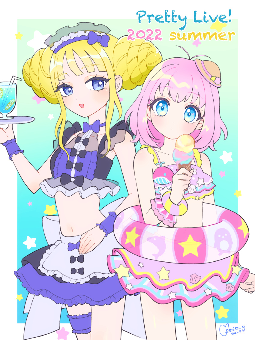 2girls absurdres amauri_miruki antenna_hair apron bikini bikini_skirt blonde_hair blue_background blue_eyes blunt_bangs bow bracelet cocktail cocktail_glass commentary_request cowboy_shot cup double_bun drinking_glass drinking_straw food frilled_bikini frills hair_bun hairband hand_up hat highres holding holding_food holding_ice_cream holding_plate ice_cream ice_cream_cone innertube jewelry kokoa_remon looking_at_viewer maid maid_bikini mini_hat momokan_(mmkn100) multiple_girls navel open_mouth pink_bikini pink_hair plate pretty_(series) purple_bikini purple_bow purple_hairband short_hair sidelocks smile standing star_(symbol) swimsuit unconventional_maid waccha_primagi! waist_apron wrist_cuffs