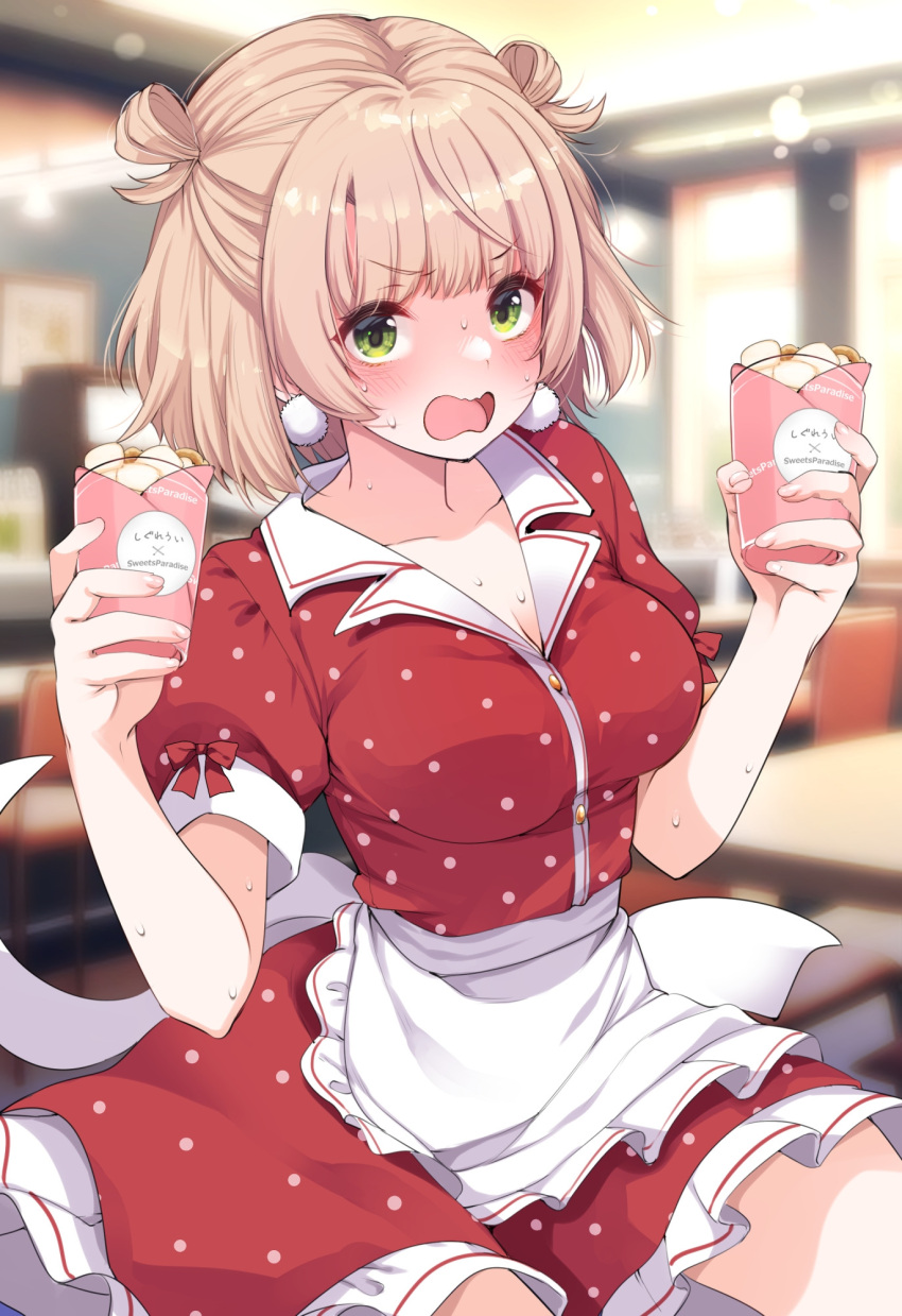 1girl alternate_costume apron blurry blurry_background blush breasts cleavage cup dress earrings food fujisaki_hikari green_eyes hair_rings highres holding holding_cup ice_cream indie_virtual_youtuber indoors jewelry large_breasts light_brown_hair looking_at_viewer nervous_sweating open_mouth paid_reward_available pom_pom_(clothes) pom_pom_earrings puffy_short_sleeves puffy_sleeves red_dress shigure_ui_(vtuber) short_hair short_sleeves sitting solo sundae sweat virtual_youtuber waist_apron