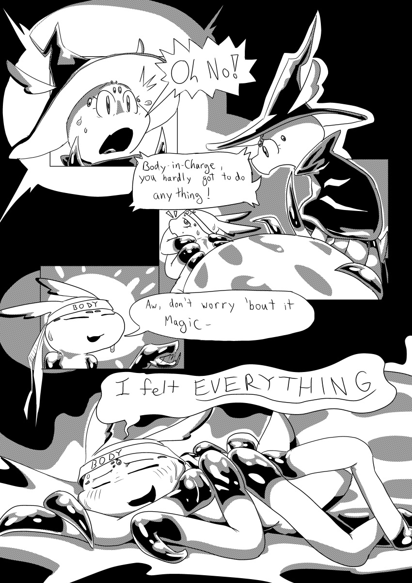 8_eyes 8_legs absurd_res afterglow arachnid arthropod bandanna bodily_fluids clothing comic dialogue dragonweirdo duo female feral gesture hat headgear headwear hi_res kerchief kumoko monochrome multi_eye pointing relaxing so_i'm_a_spider_so_what? spider surprise sweat witch_hat