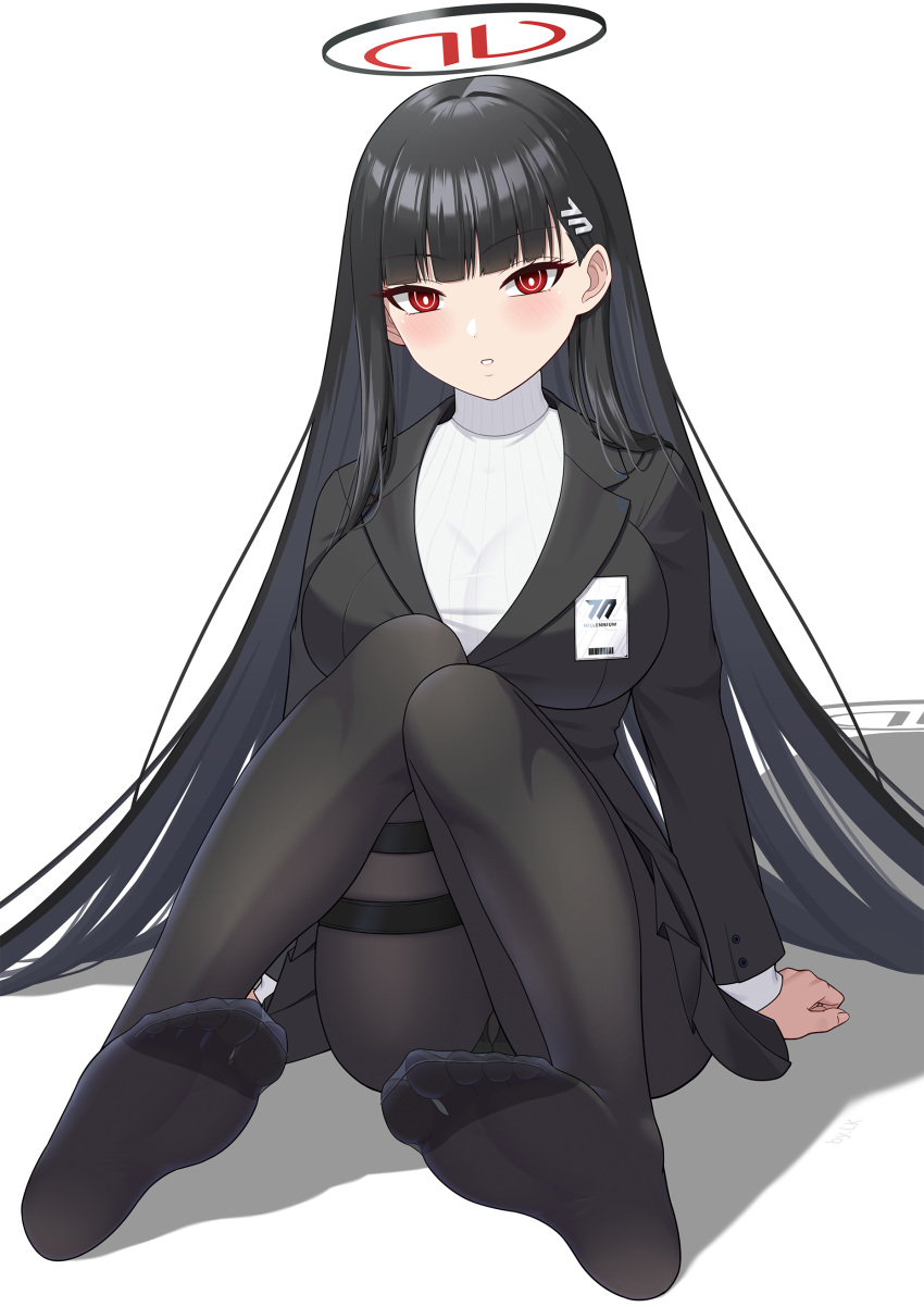 1girl absurdres arms_behind_back black_hair black_jacket black_pantyhose black_skirt blue_archive blunt_bangs blush breasts feet halo highres jacket knees_together_feet_apart knees_up large_breasts legs lemon_kele long_hair looking_at_viewer no_shoes on_grass pantyhose pleated_skirt red_eyes ringed_eyes rio_(blue_archive) shadow simple_background sitting skirt soles solo thigh_strap thighs toes white_background