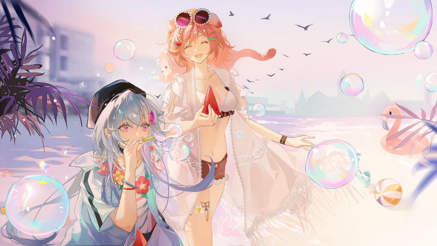 1boy 1girl :d absurdres animal_ears animal_on_shoulder arknights ball beachball bikini bikini_top_only bird black_headwear black_shorts blue_hair blue_shirt bracelet breasts bubble bubble_blowing cat cat_ears cat_on_shoulder cleavage closed_eyes collarbone eyewear_on_head flower_wreath food food-themed_hair_ornament fruit goldenglow_(arknights) goldenglow_(summer_flowers)_(arknights) hair_ornament hat highres holding innertube jacket jewelry long_hair medium_breasts melon melon_hair_ornament melon_slice mizuki_(arknights) mizuki_(summer_feast)_(arknights) official_alternate_costume open_clothes open_jacket open_mouth palm_leaf pink_cat pink_eyes pink_hair shirt shorts smile striped striped_shirt sunglasses swimsuit very_long_hair water white_bikini white_shirt zoe_(user_nfrc5473)
