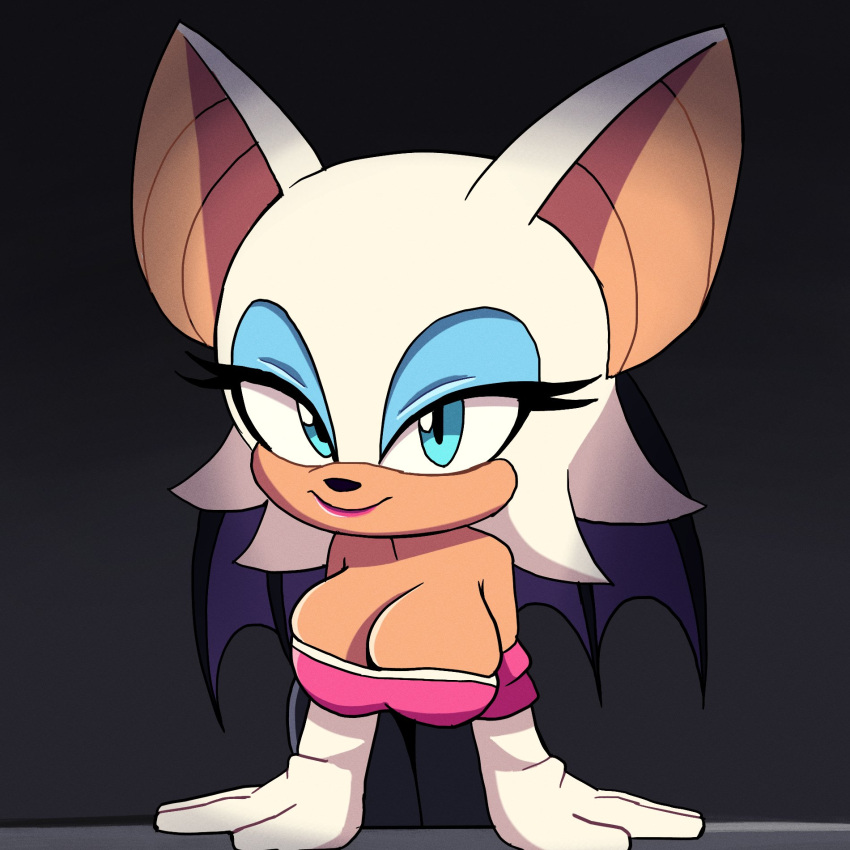 anthro bare_shoulders bat breasts cleavage clothed clothing colored eyelashes eyeshadow female fur gloves handwear hi_res kerbaru lipstick looking_at_viewer makeup mammal membrane_(anatomy) membranous_wings rouge_the_bat sega simple_background smile solo sonic_the_hedgehog_(series) tan_body tan_skin unfinished white_body white_fur wings