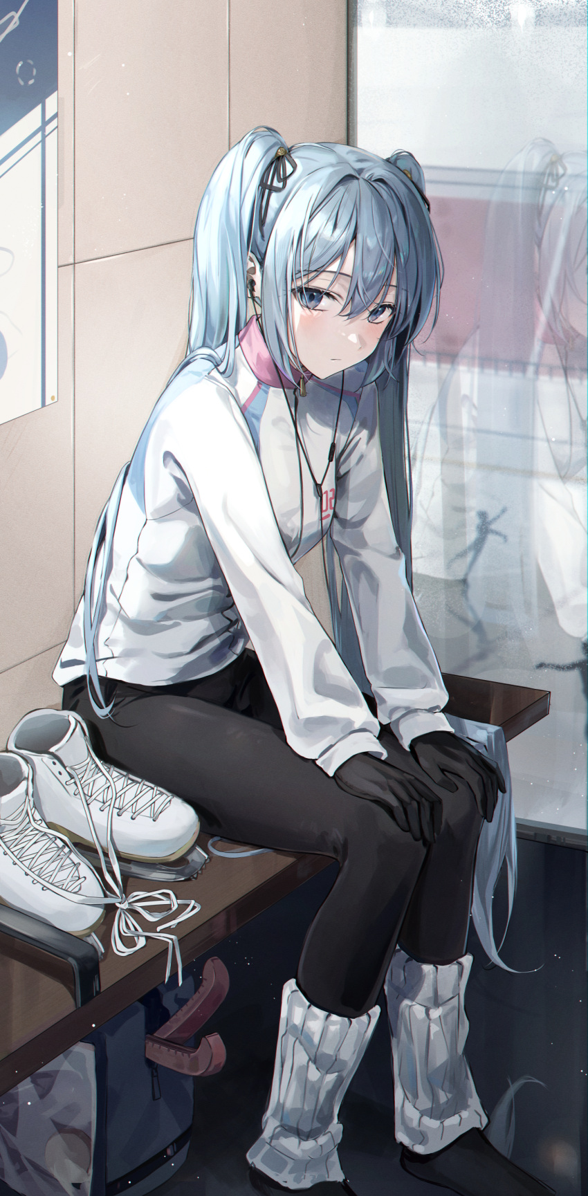 1girl absurdres bag bench black_gloves black_pantyhose blue_eyes blue_hair blush closed_mouth commentary cross-laced_footwear earbuds earphones ekina_(1217) figure_skating from_side full_body gloves hair_between_eyes hands_on_own_knees hatsune_miku high_collar highres ice_skates indoors jacket knees_together_feet_apart leaning_forward long_hair long_sleeves looking_at_viewer no_shoes pantyhose poster_(object) raised_eyebrows reflection shoes shoes_removed sidelocks sitting skates skating_rink solo twintails vocaloid white_jacket white_leg_warmers window zipper_pull_tab