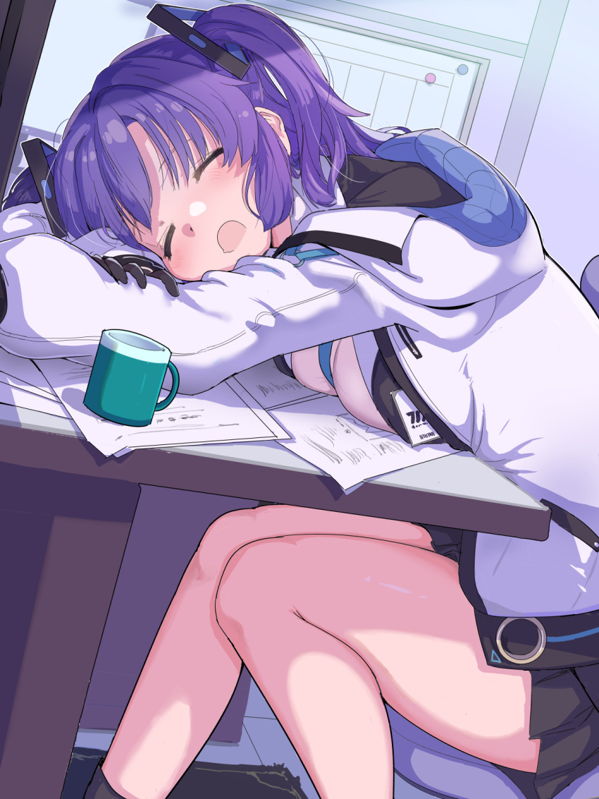 1girl black_skirt blue_archive breasts cleavage crossed_arms cup gloves highres hood hoodie indoors large_breasts leaning_forward long_hair long_sleeves mug necktie open_mouth paper pleated_skirt purple_hair puuakachan sitting skirt sleeping solo table twintails yuuka_(blue_archive)