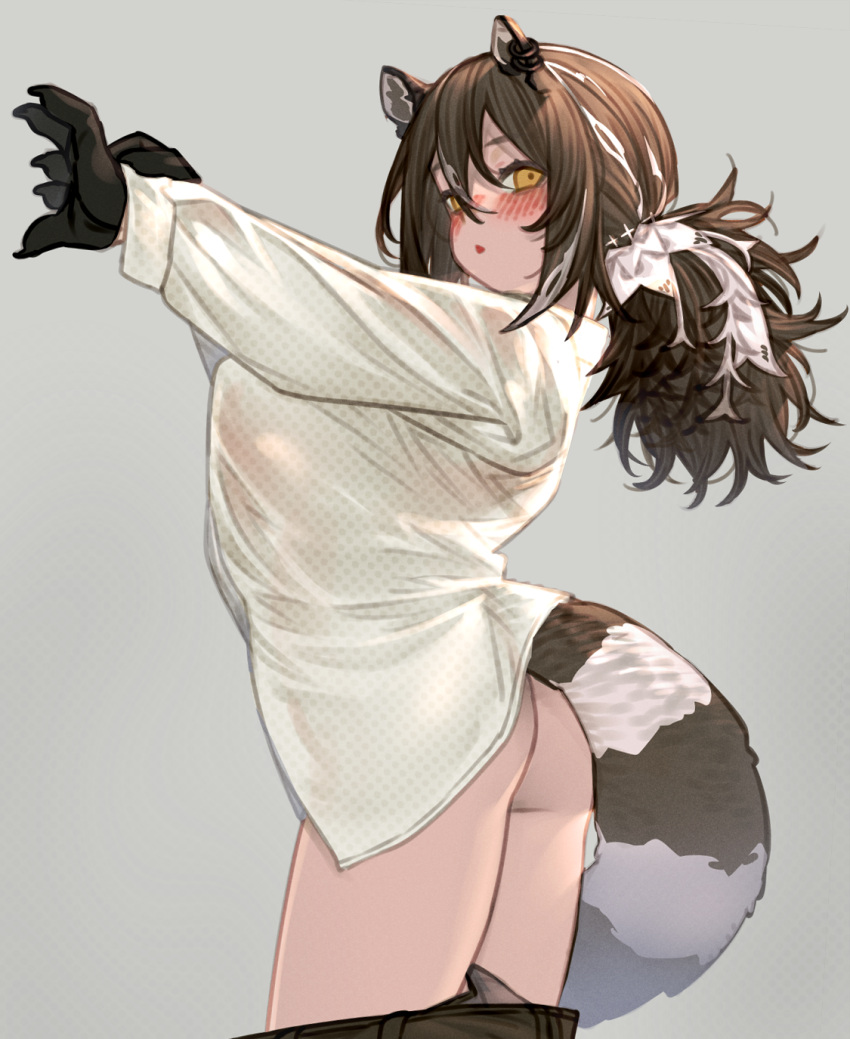 1girl animal_ears arknights arms_up ass blush brown_hair clothes_pull cowboy_shot grey_background hair_between_eyes highres kochiya_(gothope) long_sleeves looking_at_viewer multicolored_hair pants pants_pull ponytail raccoon_ears raccoon_girl raccoon_tail robin_(arknights) shirt sidelocks simple_background solo streaked_hair tail white_hair white_shirt yellow_eyes