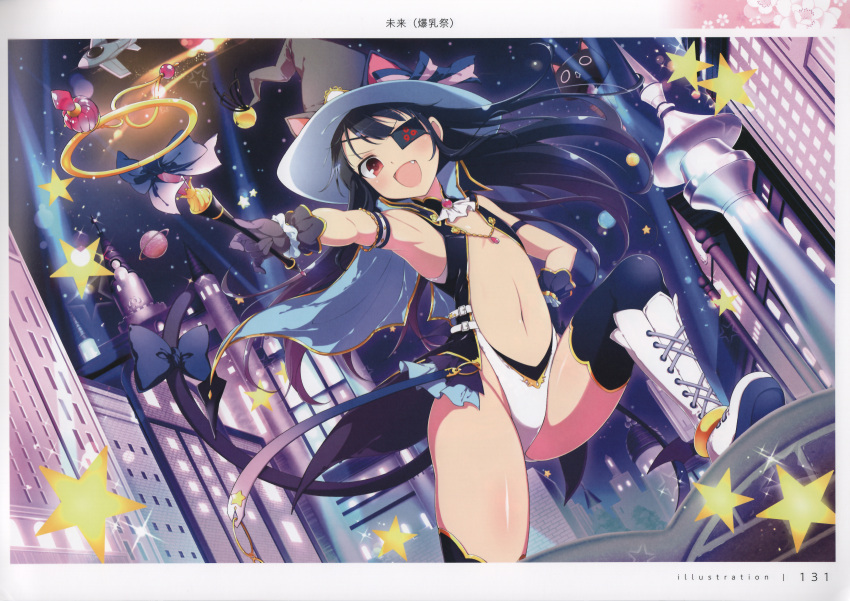 1girl absurdres armpits black_hair boots breasts eyepatch fang flat_chest gloves hand_on_own_hip hat highres holding large_breasts long_hair looking_at_viewer night night_sky official_art open_mouth outdoors page_number red_eyes scan senran_kagura senran_kagura_new_link shiny_skin simple_background sky sleeveless smile solo thighhighs thighs wand witch_hat yaegashi_nan