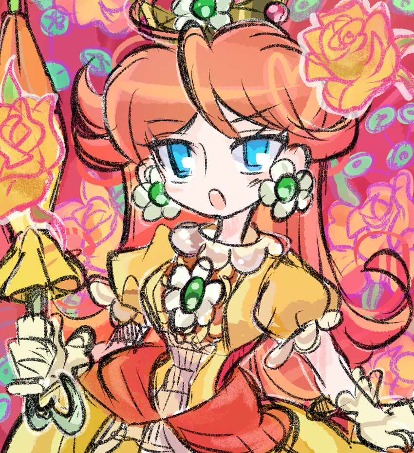 1girl blue_eyes brooch brown_hair crown dress earrings gloves highres jewelry long_hair looking_at_viewer mario_(series) open_mouth piranha_plant princess_daisy rakugaki_shitagari-ya sm teeth umbrella upper_body yellow_dress