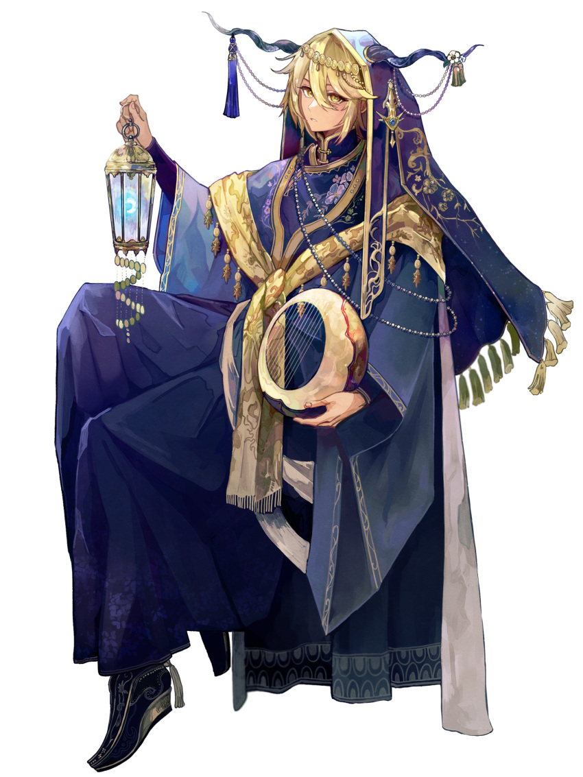 1boy ashioka_kuraco black_footwear black_horns blonde_hair blue_robe dairoku_ryouhei gold_trim hair_between_eyes highres holding holding_lantern hood horns instrument invisible_chair jewelry lantern male_focus nova_formont robe sitting solo transparent_background wide_sleeves yellow_eyes