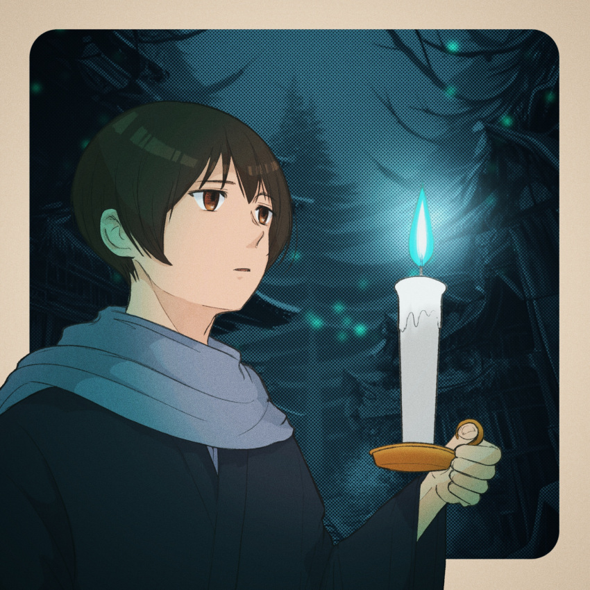 1boy axis_powers_hetalia blue_fire border brown_eyes brown_hair candle candlelight candlestand fire forest highres holding holding_candle hyangjjan japan_(hetalia) japanese_clothes light_particles male_focus nature parted_lips short_hair solo