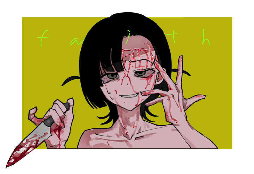 1girl asymmetrical_bangs bleeding bleeding_from_forehead blood blood_from_eyes blood_on_hands bloodshot_eyes border collarbone commentary_request crying crying_with_eyes_open cuts english_text forehead furrowed_brow green_background grey_eyes grin half-closed_eyes hand_up hands_up holding holding_knife injury knife looking_at_viewer nude original outside_border pinky_out portrait short_hair simple_background smile solo tears two_side_up uotak white_border wolf_cut