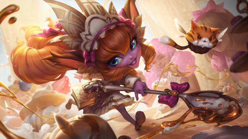 4girls :d absurdres animal blonde_hair book bow cafe_cuties_lulu cat colored_skin dress drill_hair drill_sidelocks green_eyes grin hair_bow headdress highres holding holding_staff league_of_legends long_hair lulu_(league_of_legends) multiple_girls official_alternate_costume official_art oversized_object pantyhose pink_bow pink_hair pink_skin purple_skin sidelocks smile solo_focus spoon staff striped striped_pantyhose table teeth white_dress