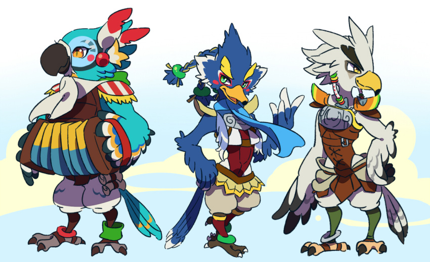 3boys accordion animal_feet anklet arm_at_side armor beak bird_boy bird_legs bird_tail black_fur blue_background blue_fur blue_hair blue_scarf blush_stickers body_fur braid breastplate claws closed_mouth commentary_request feather_hair_ornament feathers full_body furry furry_male gradient_background green_eyes hair_ornament hair_tie hand_on_own_hip hand_up hands_up happy holding holding_instrument instrument jewelry kass leg_warmers looking_at_viewer looking_to_the_side male_focus multiple_boys open_mouth orange_eyes partial_commentary profile quad_tails red_feathers revali rito scarf scroll short_hair shoulder_pads smile split_mouth standing tail teba_(zelda) the_legend_of_zelda the_legend_of_zelda:_breath_of_the_wild two-tone_fur ukata white_fur white_hair winged_arms wings yellow_eyes