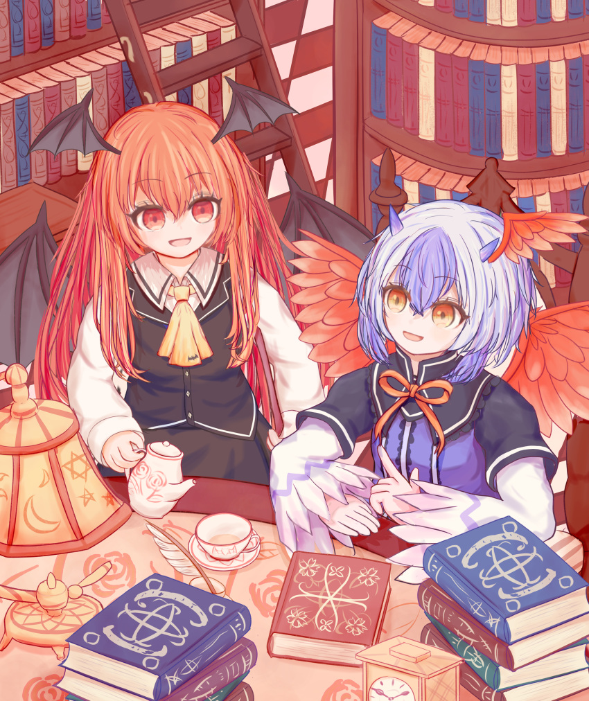 2girls absurdres ascot bat_wings bird_wings black_vest book bookshelf clock commentary_request cup head_wings highres horns indoors koakuma lamp layered_sleeves long_hair long_sleeves multiple_girls multiple_wings purple_hair red_eyes red_hair red_wings ro.ro shirt short_over_long_sleeves short_sleeves single_head_wing teacup teapot tokiko_(touhou) touhou vest white_shirt wings yellow_ascot