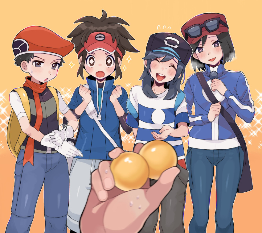 +_+ 1other 4boys :d :o backpack bag blue_jacket blush breath brown_eyes brown_hair calem_(pokemon) closed_eyes commentary_request elio_(pokemon) excited flying_sweatdrops hat heart heart-shaped_pupils highres jacket lucas_(pokemon) multiple_boys nate_(pokemon) nugget_(pokemon) open_mouth pants pokemon pokemon_(game) pokemon_bw2 pokemon_dppt pokemon_sm pokemon_xy red_headwear sana_(37pisana) shirt short_hair short_sleeves shoulder_bag smile sparkle strap_slip sweat symbol-shaped_pupils t-shirt teeth tongue upper_teeth_only visor_cap yellow_bag zipper_pull_tab