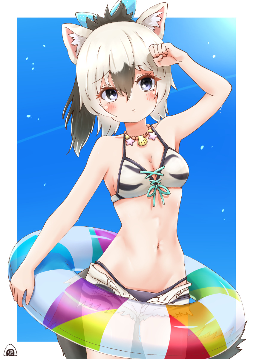 1girl aardwolf_(kemono_friends) aardwolf_ears aardwolf_girl aardwolf_print aardwolf_tail animal_ear_fluff animal_ears animal_print arm_up bikini bikini_under_clothes black_hair blue_eyes blue_sky blush border bow breasts cleavage collarbone cowboy_shot day eyelashes front-tie_bikini_top front-tie_top furrowed_brow grey_hair groin hair_between_eyes hair_bow high_ponytail highres holding holding_innertube hot innertube jewelry kemono_friends kemono_friends_3 long_hair looking_up medium_breasts multicolored_hair navel necklace official_alternate_costume open_clothes open_fly open_shorts outdoors outside_border piki_(zuru-pikio) print_bikini print_shorts purple_eyes shell shell_necklace short_shorts shorts sky solo stomach sweat swimsuit tail two-tone_hair unbuttoned white_border