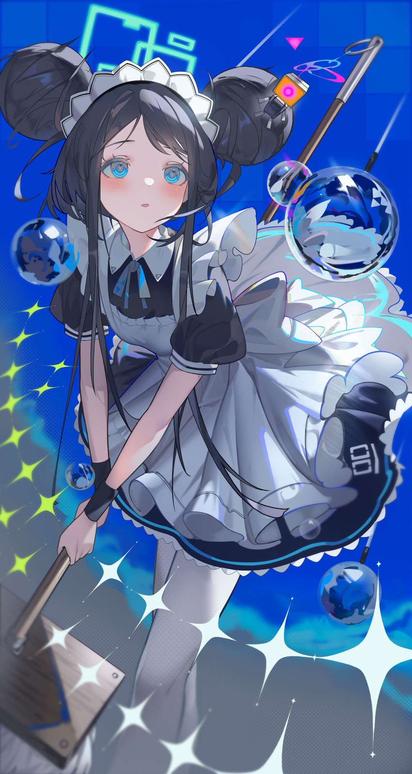 &lt;key&gt;_(robot)_(blue_archive) 1girl absurdres alternate_hairstyle apron aris_(blue_archive) aris_(maid)_(blue_archive) black_dress black_hair blue_archive borrowed_clothes bubble double_bun dress frilled_apron frills green_halo hair_bun halo highres holding holding_mop maid maid_apron maid_headdress mop number_print official_alternate_costume p1up1u pantyhose toy_robot white_apron white_pantyhose