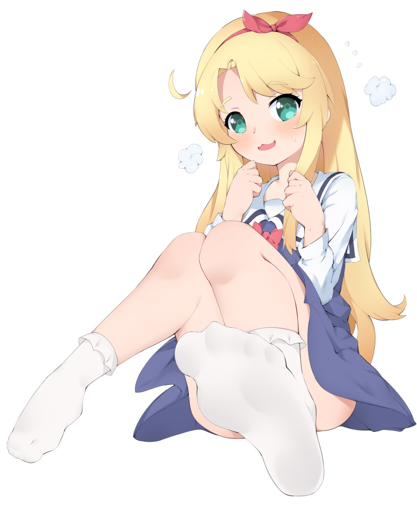 1girl absurdres bare_legs blonde_hair blush chashuwu feet frilled_socks frills green_eyes hair_ribbon highres himesaka_noa knees_together_feet_apart legs long_hair looking_at_viewer no_shoes open_mouth ribbon simple_background socks soles solo toenails toes watashi_ni_tenshi_ga_maiorita! white_background white_socks