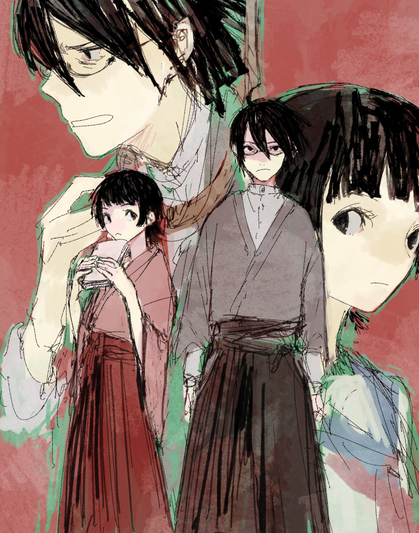 1boy 1girl aaanoa black_hair blush book glass grey_hakama hakama hakama_skirt highres holding holding_book itoshiki_nozomu japanese_clothes meiji_schoolgirl_uniform red_hakama sayonara_zetsubou_sensei school_uniform skirt standing tsunetsuki_matoi