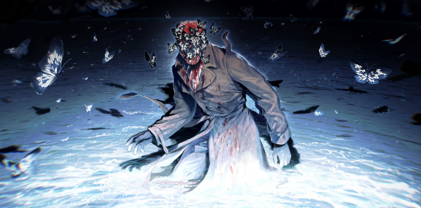 1boy absurdres ascot blood blood_on_clothes blood_on_face bug butterfly facing_viewer fedora gloves hat highres horror_(theme) inkblot male_focus masked red_hair rorschach scarf solo swarm taocan_shisi_hao trench_coat watchmen water