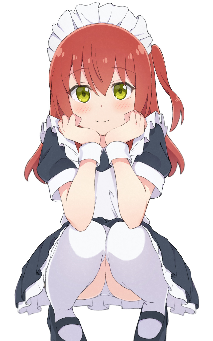 1girl absurdres alternate_costume apron black_dress black_footwear blush bocchi_the_rock! closed_mouth commentary dress enmaided full_body green_eyes hair_between_eyes highres kita_ikuyo long_hair maid maid_apron maid_headdress mimori_(mimori_05) one_side_up red_hair shoes short_sleeves simple_background smile solo thighhighs white_apron white_background white_thighhighs wrist_cuffs