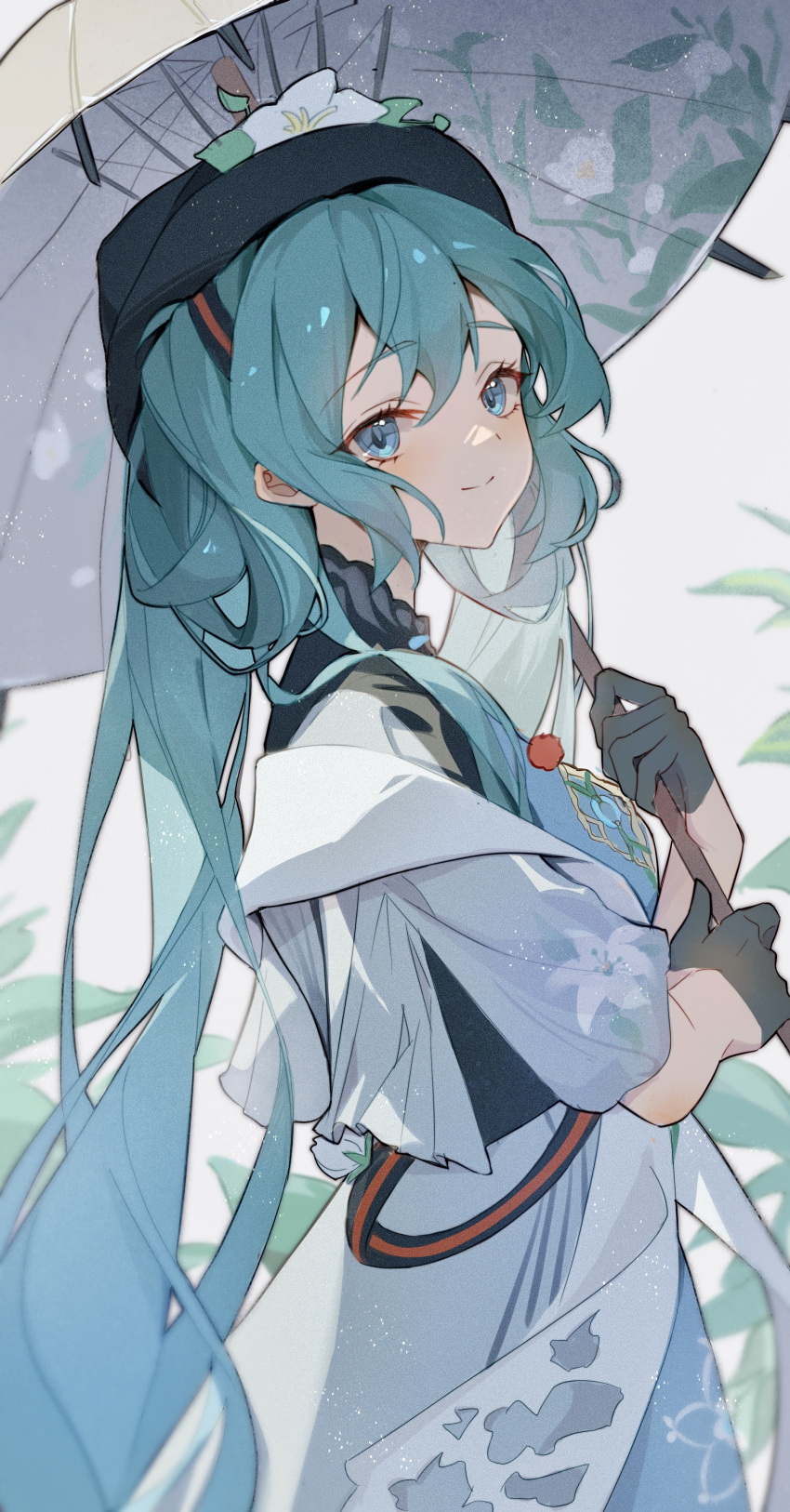 1girl absurdres aqua_hair beret black_gloves black_headwear blue_eyes closed_mouth cloudyman commentary_request dress from_side gloves half_gloves hat hatsune_miku highres holding holding_umbrella long_hair looking_at_viewer smile solo twintails umbrella upper_body vocaloid white_dress
