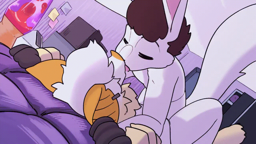 animated anthro bed brown_hair chest_tuft computer duo ear_piercing eyes_closed french_kissing fur furniture hair humanoid kissing lagomorph lamp lava_lamp leporid male male/male mammal mirror orange_nose piercing rabbit raised_tail tail tail_motion tuft unknown_artist white_body white_fur white_hair