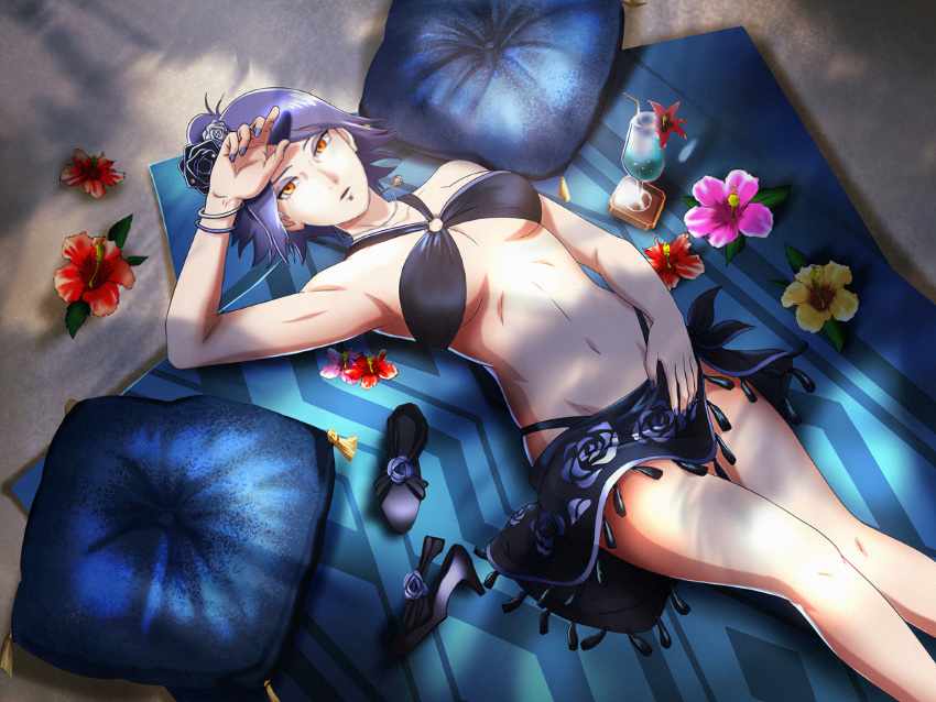 1girl bare_shoulders bikini breasts cleavage flower hair_flower hair_ornament highres konan_(naruto) looking_at_viewer medium_breasts naruto naruto_(series) naruto_shippuuden navel short_hair swimsuit thighhighs underwear x_hair_ornament