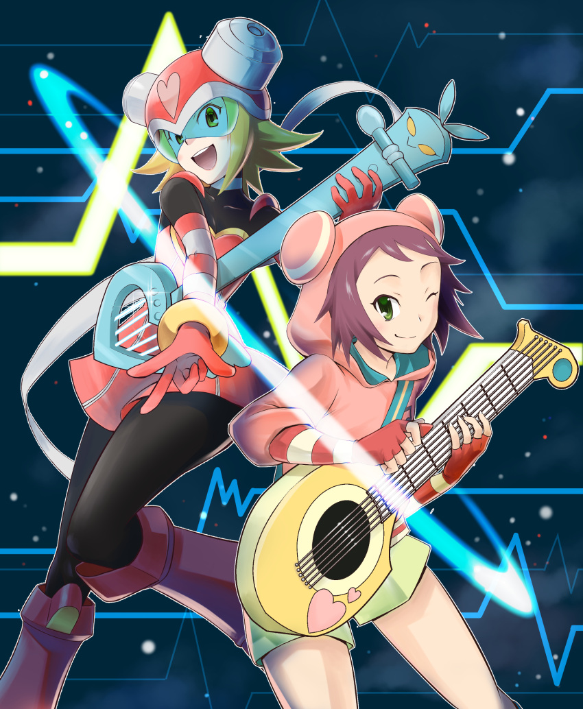 1girl :d ;) black_bodysuit blonde_hair bodysuit dual_persona fingerless_gloves gloves green_eyes green_shorts guitar hanabusa_(xztr3448) harp_note_(mega_man) helmet highres holding holding_instrument holding_plectrum hood hood_up hoodie instrument looking_at_viewer mega_man_(series) mega_man_star_force one_eye_closed pink_gloves pink_hair pink_hoodie plectrum short_hair shorts smile sonia_strumm_(mega_man) teeth upper_teeth_only