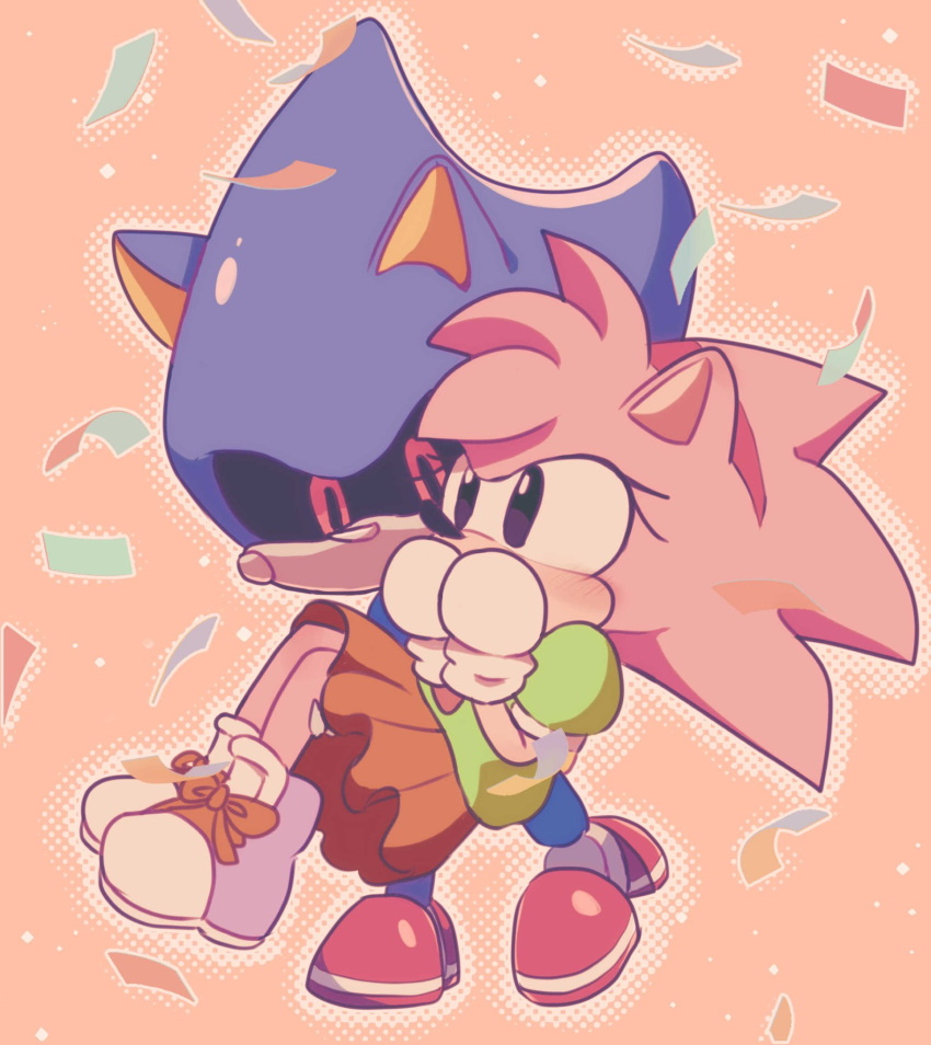 amy_rose animal_ears armor blue_armor carrying fake_animal_ears gloves glowing glowing_eyes green_shirt hand_fan hedgehog hedgehog_ears highres machimo129 metal_sonic orange_skirt paper paper_fan pink_background pointy_nose polka_dot polka_dot_background princess_carry red_eyes robot shirt shoes skirt sonic_(series) sonic_cd sonic_the_hedgehog_(classic) white_gloves