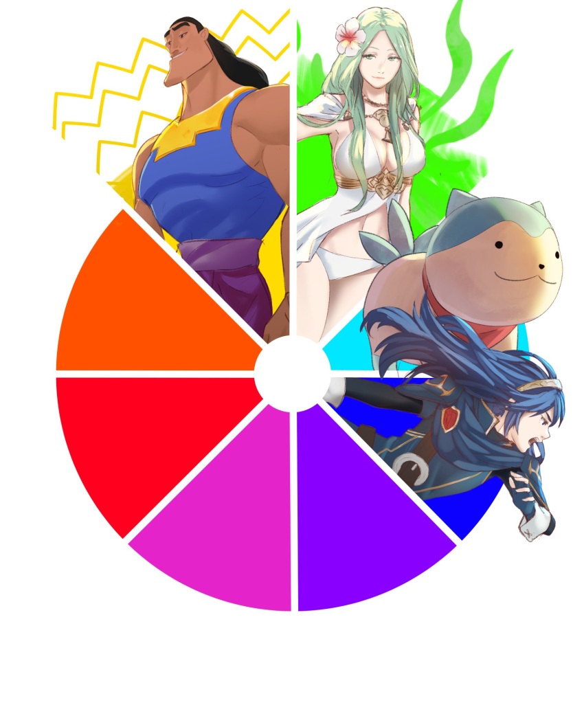 1boy 2girls animal bikini blue_dress blue_hair blue_shirt breasts cleavage color_wheel_challenge commentary dress english_commentary fire_emblem fire_emblem:_three_houses fire_emblem_engage flower green_eyes green_hair hair_flower hair_ornament highres kronk large_breasts long_hair lucina_(fire_emblem) multiple_girls navel pomelomelon rhea_(fire_emblem) rhea_(summer)_(fire_emblem) shirt simple_background sleeveless sleeveless_shirt sommie_(fire_emblem) stomach swimsuit the_emperor's_new_groove tiara white_background white_bikini white_flower