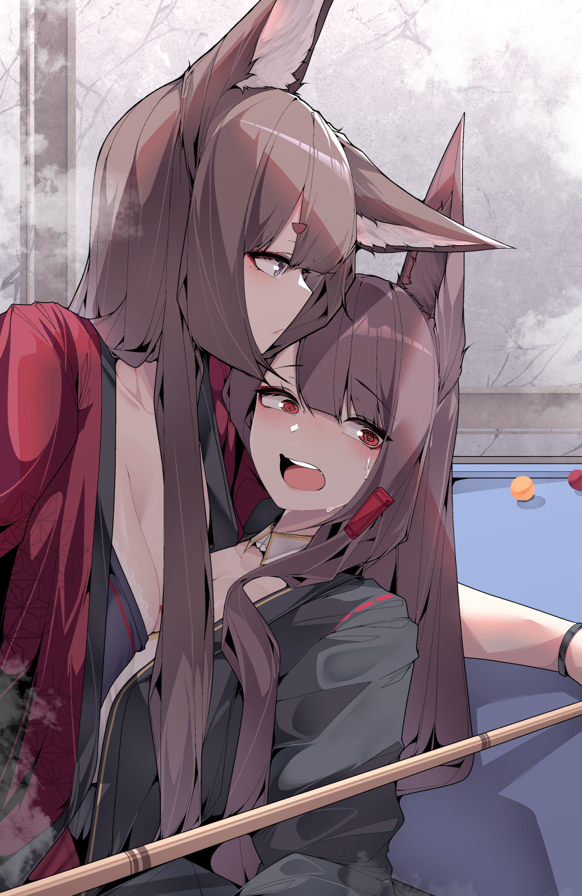 2girls @_@ absurdres akagi_(azur_lane) amagi_(azur_lane) animal_ears azur_lane ball billiard_ball billiards black_kimono blush breasts brown_hair cleavage embarrassed expressionless eyeshadow fox_ears fox_girl hair_ornament hairclip highres japanese_clothes kimono kitsune large_breasts leaning_back leaning_forward leaning_on_person long_hair looking_at_viewer makeup multiple_girls open_mouth orange_eyes pool_table purple_eyes red_eyes red_eyeshadow red_kimono samip surprised table teeth upper_body upper_teeth_only very_long_hair