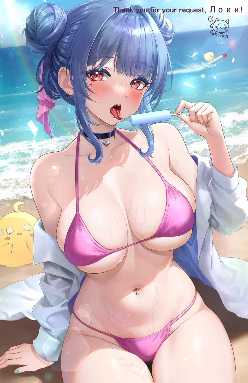 1girl absurdres alternate_costume azur_lane beach bikini black_choker blue_sky breasts choker cloud collarbone commission day double_bun food hair_bun hair_ribbon highres holding holding_food holding_popsicle large_breasts manjuu_(azur_lane) marco_polo_(azur_lane) navel navel_piercing ocean open_mouth outdoors piercing pink_bikini pink_ribbon popsicle red_eyes ribbon second-party_source sideboob sitting sky stomach studiopokotan swimsuit thighs tongue tongue_out underboob water wet