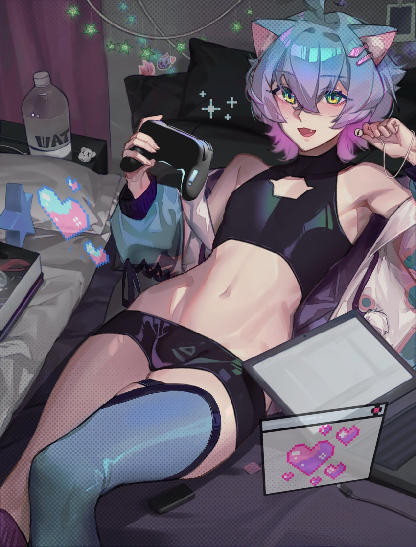 1boy ahoge androgynous bare_shoulders bedroom black_shorts blue_hair blue_thighhighs blush cat_boy closed_eyes commission computer controller crossed_bangs double-parted_bangs earbuds earphones fang flipped_hair game_controller green_eyes groin hair_between_eyes hair_ornament hairclip highres holding holding_controller holding_game_controller indie_virtual_youtuber indoors jacket laptop linechu looking_at_viewer lying male_focus micro_shorts midriff narrow_waist navel on_back on_bed open_clothes open_jacket pink_hair samsara_(shuukeura) shirt short_hair short_shorts shorts single_thighhigh skin_tight sleeveless sleeveless_shirt spiked_hair thighhighs virtual_youtuber wide_hips