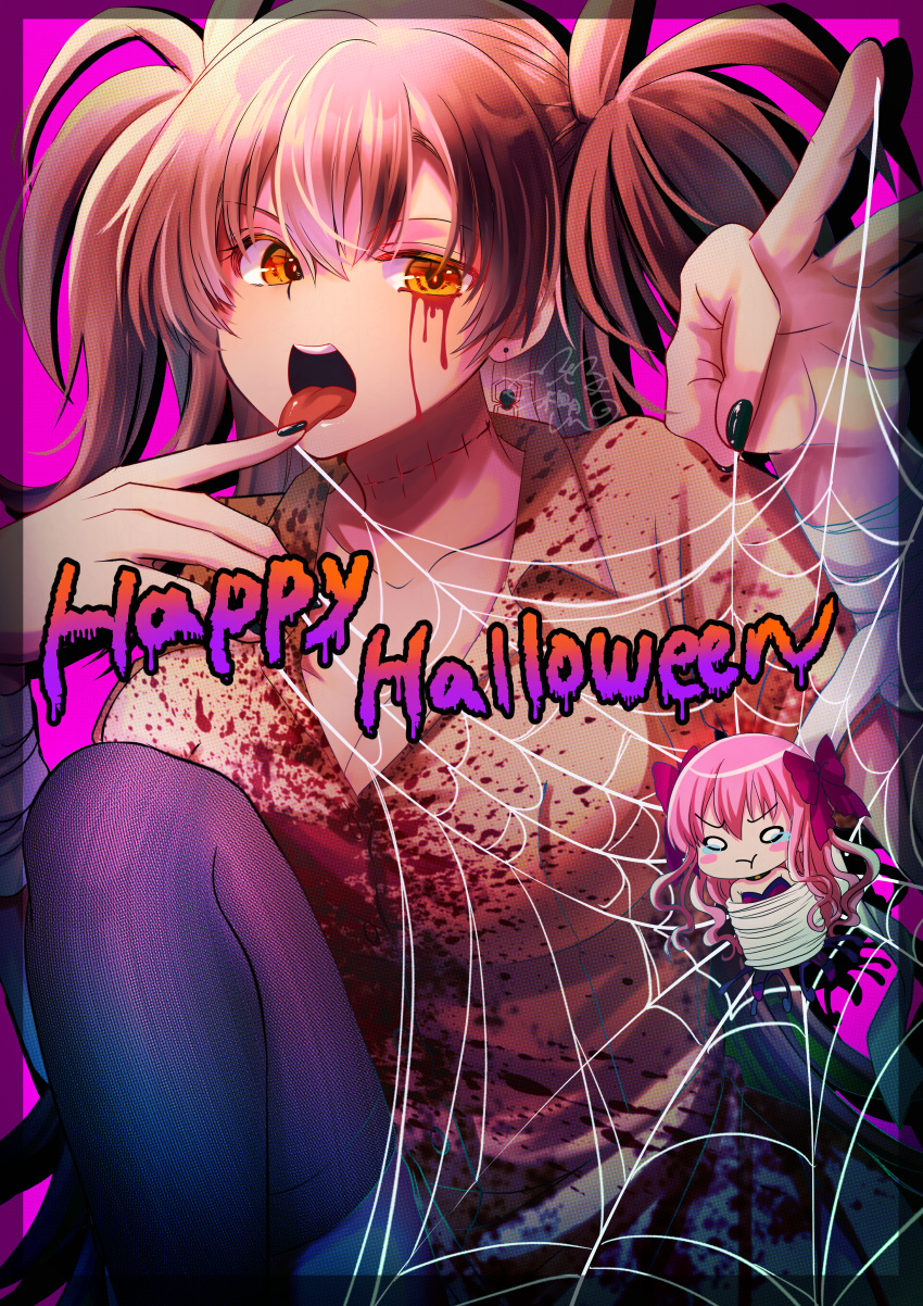 absurdres blood blush breasts brown_hair chibi dead_apostle_noel_(tsukihime) dr._arach highres large_breasts long_hair looking_at_viewer pink_hair shimotsukishin silk spider_web tongue tsukihime tsukihime_(remake) yellow_eyes