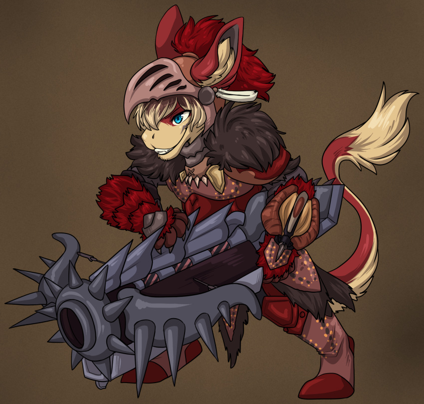 anthro armor blue_eyes brown_hair capcom cosplay crossbow digitigrade fantasy fantasy_weapon ferrin fur hair headgear helmet hi_res kalani_darrow male monster_hunter pawpads paws ranged_weapon red_body red_fur starwolfskin tail tail_tuft tan_body tan_fur tuft weapon zgf_art zgf_gaming