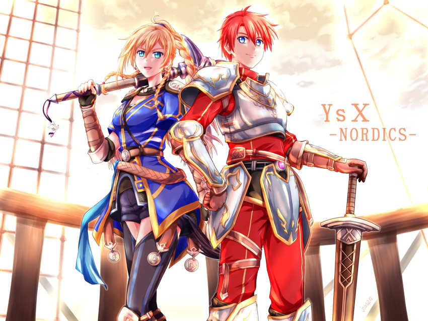 1boy 1girl adol_christin ahoge arm_guards armor axe blonde_hair braid breastplate breasts double-parted_bangs english_text fingerless_gloves gloves hair_between_eyes hand_on_own_hip highres holding holding_axe holding_weapon jewelry karja_balta long_hair medium_breasts necklace pauldrons red_hair ship short_hair short_sleeves shoulder_armor smile sword thighhighs twin_braids watercraft weapon xiacheng_tatsuya ys ys_x_nordics