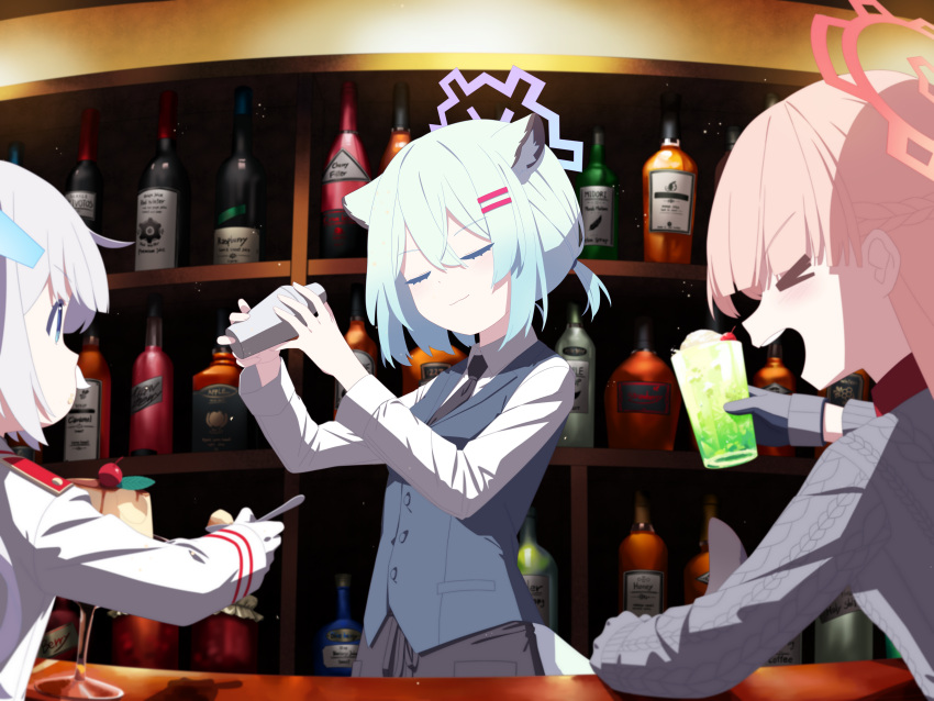 3girls absurdres aimpoleume animal_ears bar_(place) bartender black_necktie blonde_hair blue_archive blue_eyes blue_vest bottle cherino_(blue_archive) cherry closed_eyes cocktail cocktail_shaker collared_shirt counter crossed_bangs cup drinking_glass fake_facial_hair fake_mustache food fruit gloves grey_gloves grey_sweater hair_ornament hairclip halo highres holding holding_cup holding_shaker holding_spoon light_green_hair long_braid long_sleeves multiple_girls necktie nodoka_(blue_archive) shigure_(blue_archive) shirt spoon sweater vest weasel_ears white_gloves white_hair white_shirt