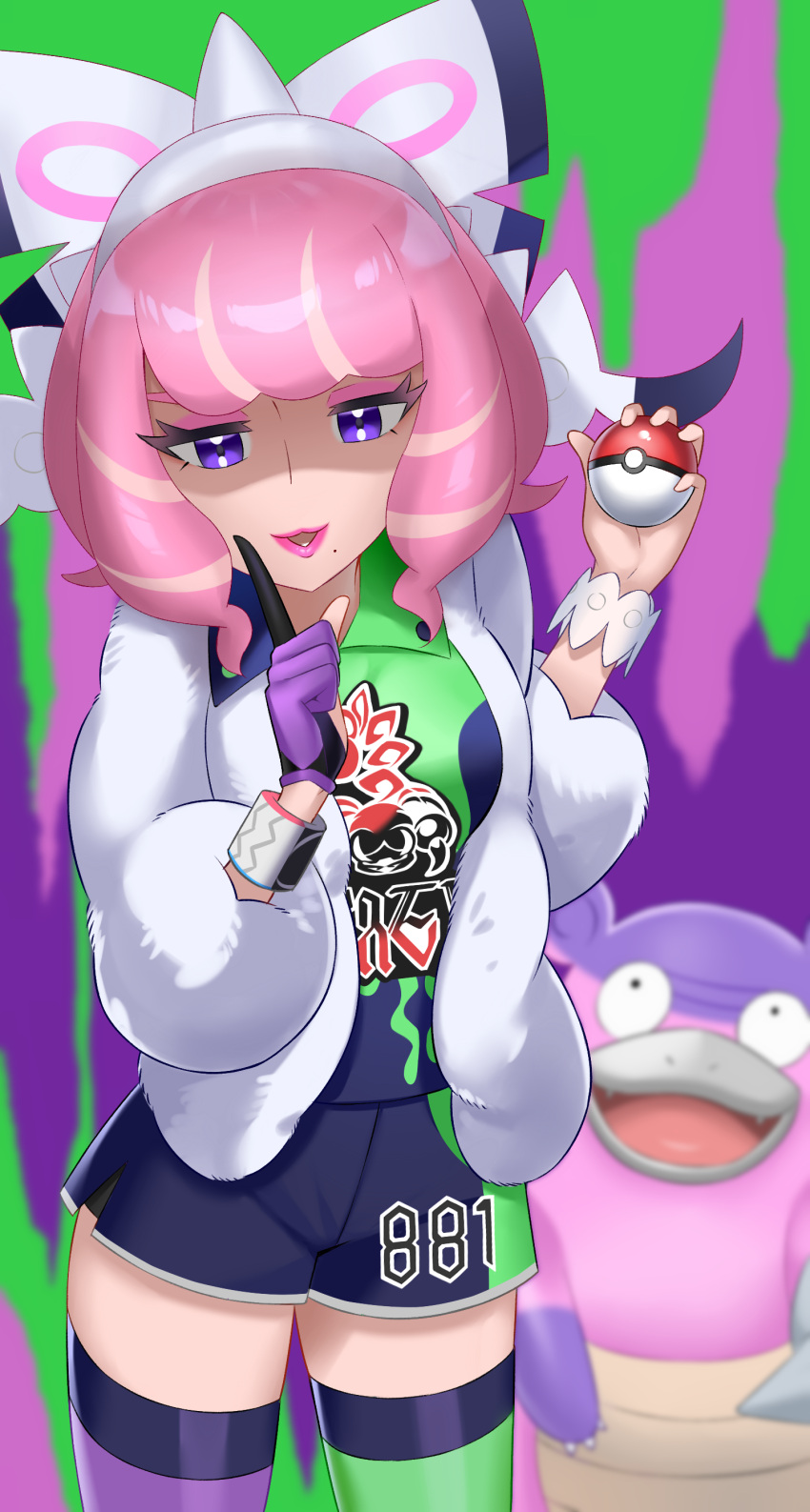 1girl absurdres asymmetrical_legwear bike_shorts bike_shorts_under_shorts black_eyes bracelet breasts claws coat collared_shirt colored_skin drill_hair dynamax_band eyeshadow flipped_hair fur_coat fur_jacket galarian_slowbro gloves hairband half-closed_eyes highres holding holding_poke_ball jacket jewelry klara_(pokemon) lipstick lower_teeth_only makeup matyata medium_breasts mismatched_legwear mole mole_under_mouth partially_fingerless_gloves pink_eyeshadow pink_hair pink_lips pink_skin poke_ball poke_ball_(basic) pokemon pokemon_(game) pokemon_swsh print_shirt print_shorts print_thighhighs purple_eyes shaded_face shirt shorts side_slit side_slit_shorts single_glove solo_focus teeth thighhighs twin_drills white_bracelet white_hairband