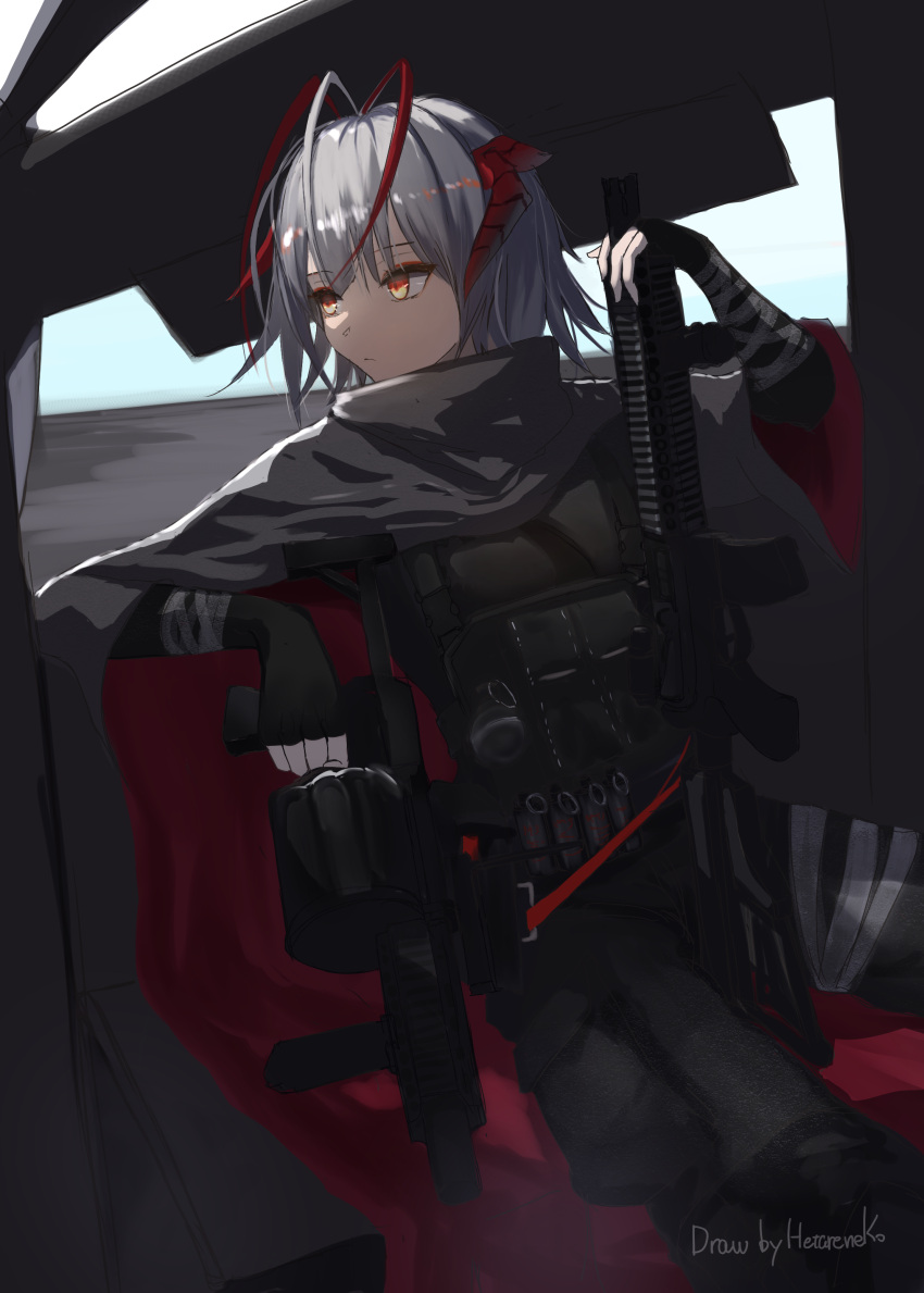 1girl absurdres arknights artist_name black_gloves black_pants bulletproof_vest cape closed_mouth fingerless_gloves gloves grey_cape grey_hair gun hetare_galm_sue highres holding holding_gun holding_weapon horns looking_away looking_to_the_side multicolored_hair pants red_eyes red_hair short_hair sitting solo two-tone_hair w_(arknights) weapon