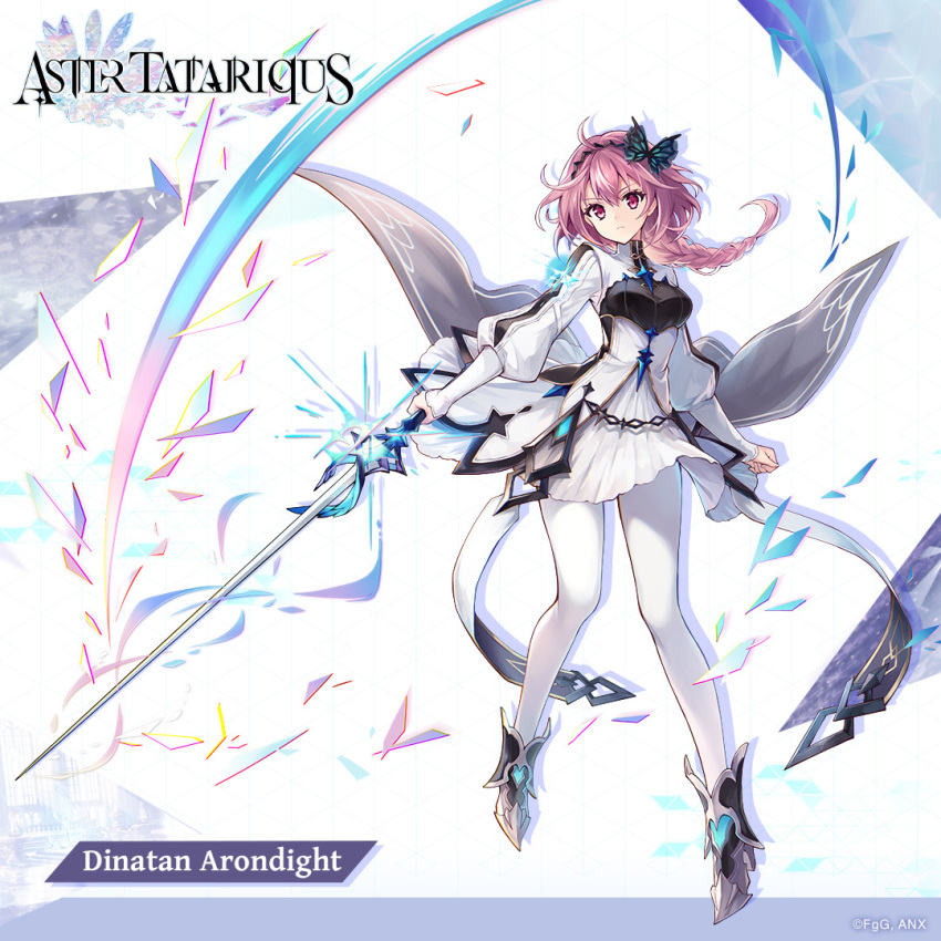 1girl armored_shoes aster_tatariqus braid breasts butterfly_hair_ornament character_name company_name copyright_name dinatan_(aster_tatariqus) dress hair_between_eyes hair_ornament holding holding_sword holding_weapon leggings looking_at_viewer medium_breasts medium_hair official_art pink_hair red_eyes sword weapon white_dress