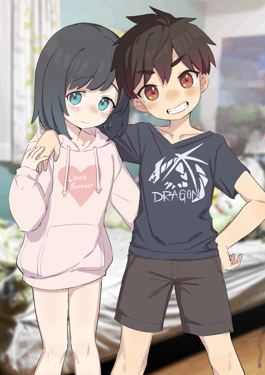 1boy 1girl absurdres black_hair black_shirt blue_eyes blurry blurry_background blush brown_eyes brown_hair brown_shorts closed_mouth collarbone commentary_request crossdressing drawstring feet_out_of_frame grin hand_on_another's_shoulder heart highres hood hoodie lolicom long_sleeves looking_at_viewer nose_blush original otoko_no_ko photo_background pink_hoodie print_shirt puffy_long_sleeves puffy_sleeves shirt short_hair short_sleeves shorts smile standing t-shirt tomboy