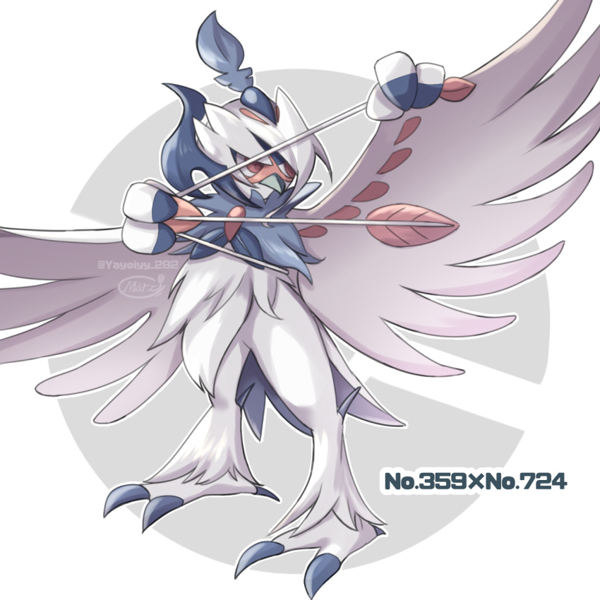 2022 3_toes absol ambiguous_gender anthro avian beak biped claws decidueye digital_media_(artwork) digital_painting_(artwork) feather_hands feather_tuft feathered_wings feathers feet generation_3_pokemon generation_7_pokemon grey_beak grey_body grey_claws grey_feathers hi_res hybrid markings marz_(artist) multicolored_body multicolored_feathers nintendo nude orange_eyes orange_markings outline pokemon pokemon_(species) shaded signature simple_background solo talons text toe_claws toes tuft white_body white_feathers white_outline wing_markings wings