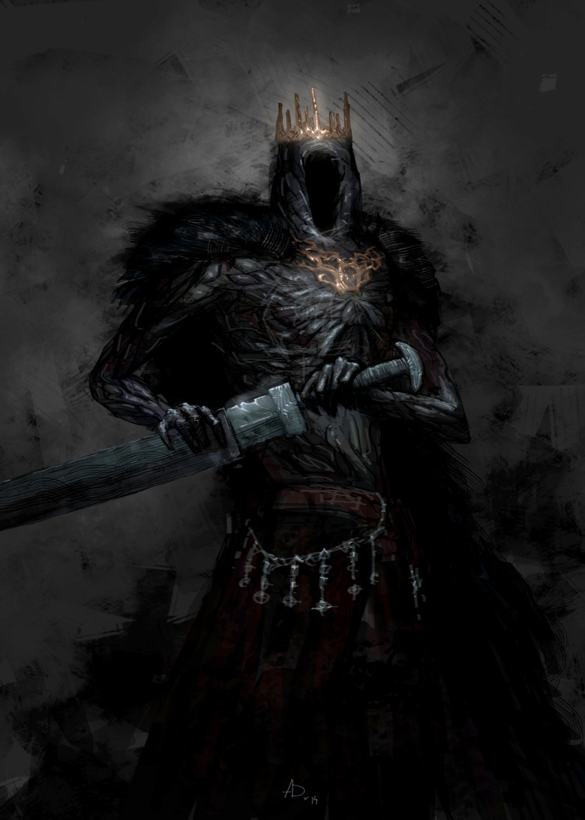 1boy absurdres aura covered_face crown dark_aura dark_souls_(series) dark_souls_ii fur_trim giant gold grey_background highres holding holding_sword holding_weapon jewelry sheath sheathed simple_background solo sword the_giant_lord unsheathing vulpes-ibculta weapon