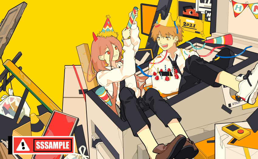 1boy 1girl absurdres birthday_cake black_necktie black_pants blonde_hair brown_footwear brown_hair cake chainsaw_man collared_shirt cross-shaped_pupils crown denji_(chainsaw_man) food fruit hair_between_eyes handheld_game_console hat highres holding_party_popper long_hair looking_at_another messy_room necktie null024 open_mouth pants parted_lips party_hat party_popper power_(chainsaw_man) red_eyes sample_watermark sharp_teeth shirt shirt_tucked_in short_hair simple_background smile strawberry symbol-shaped_pupils teeth traffic_cone trash_bag white_footwear white_shirt yellow_background yellow_eyes
